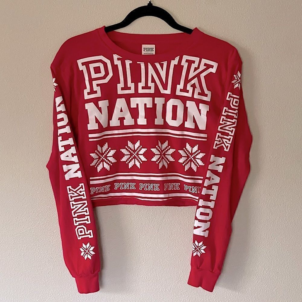 New! PINK (Victoria’s Secret) Red & White, Long-Sleeve, Cropped Shirt. Size XS.